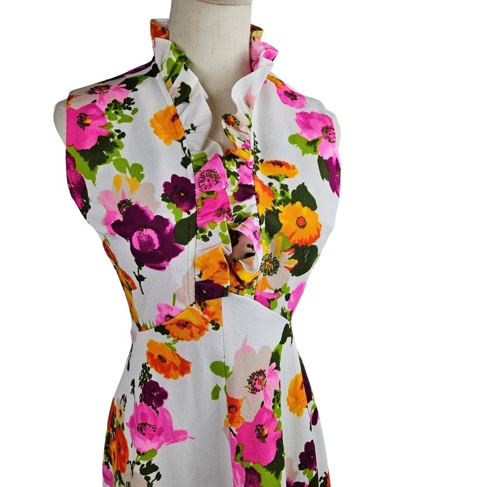 Vintage 70s Floral Maxi Dress Sleeveless S? Ruffle Neck White Pink Orange - Picture 2 of 11